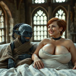 Two figures lying on a giant medieval bed in a medieval room with ancient windows