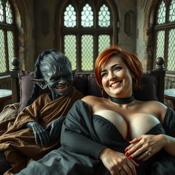 Two figures lying on a giant medieval bed in a medieval room with ancient windows