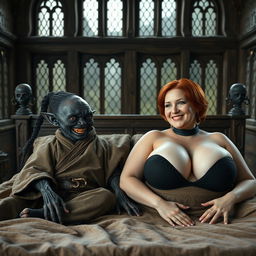 Two figures lying on a giant medieval bed in a medieval room with ancient windows