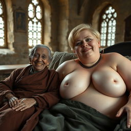 Two figures lying on a large medieval bed in an ancient castle with old windows