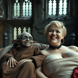 Two figures lying on a large medieval bed inside an ancient castle with old windows