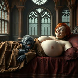 Two characters lying on a large medieval bed in a grand palace with ancient windows, creating an enchanting and rich historical atmosphere