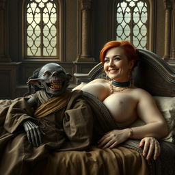 Two characters lying on a large medieval bed in a grand palace with ancient windows, creating an enchanting and rich historical atmosphere