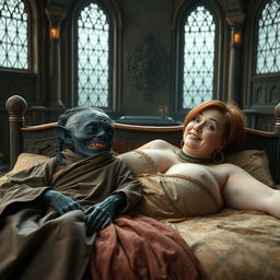 Two characters lying on a large medieval bed in a grand palace with ancient windows, creating an enchanting and rich historical atmosphere