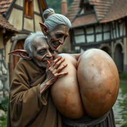 In a medieval village, an elderly female goblin with very dark skin, small stature, and emaciated appearance, featuring rotten teeth and pointed ears, is dressed in a long, fully closed Buddhist cloak