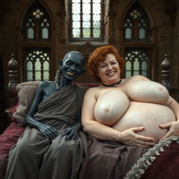 Two figures lying on an enormous medieval bed in an ancient castle with vintage windows, creating a captivating historical atmosphere