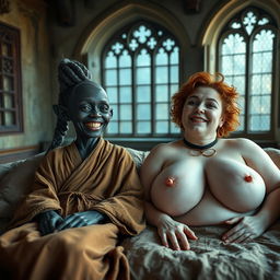 Two figures lying on an enormous medieval bed in an ancient castle with vintage windows, creating a captivating historical atmosphere