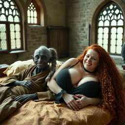 Two figures lying on an enormous medieval bed in an ancient castle adorned with vintage windows that enhance the historical atmosphere