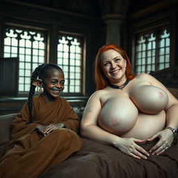 Two figures lying on a large medieval bed in an ancient palace adorned with old windows