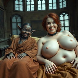 Two figures lying on a large medieval bed in an ancient palace adorned with old windows