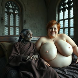 In a medieval room with ancient windows, an elderly African female goblin lies on a large bed