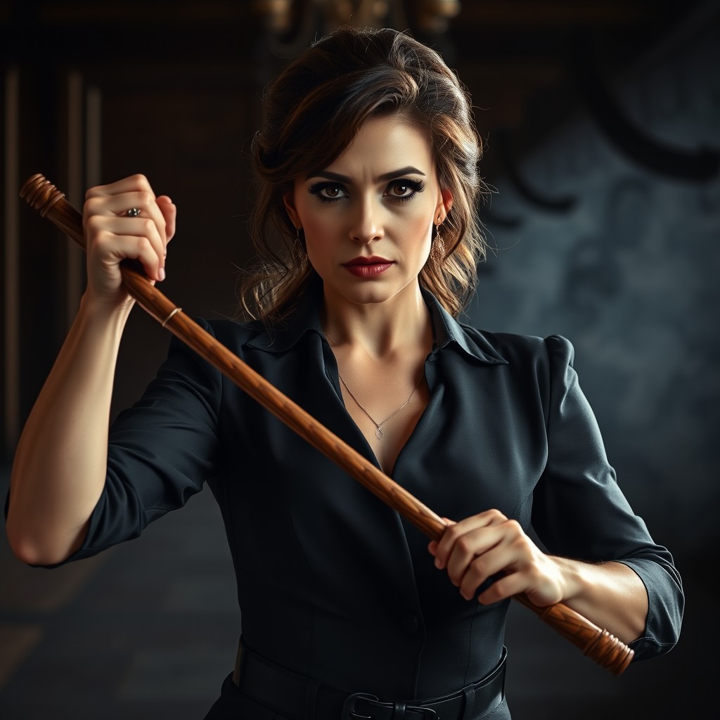 An extremely strict and dominant young mother around 30 years old, elegantly styled with makeup, holding a whip or a riding crop