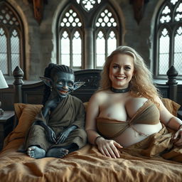 Two figures lounging on a large medieval bed within an ancient castle, complete with old-style windows