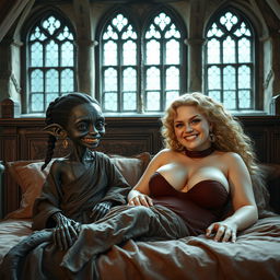 Two figures lounging on a large medieval bed within an ancient castle, complete with old-style windows