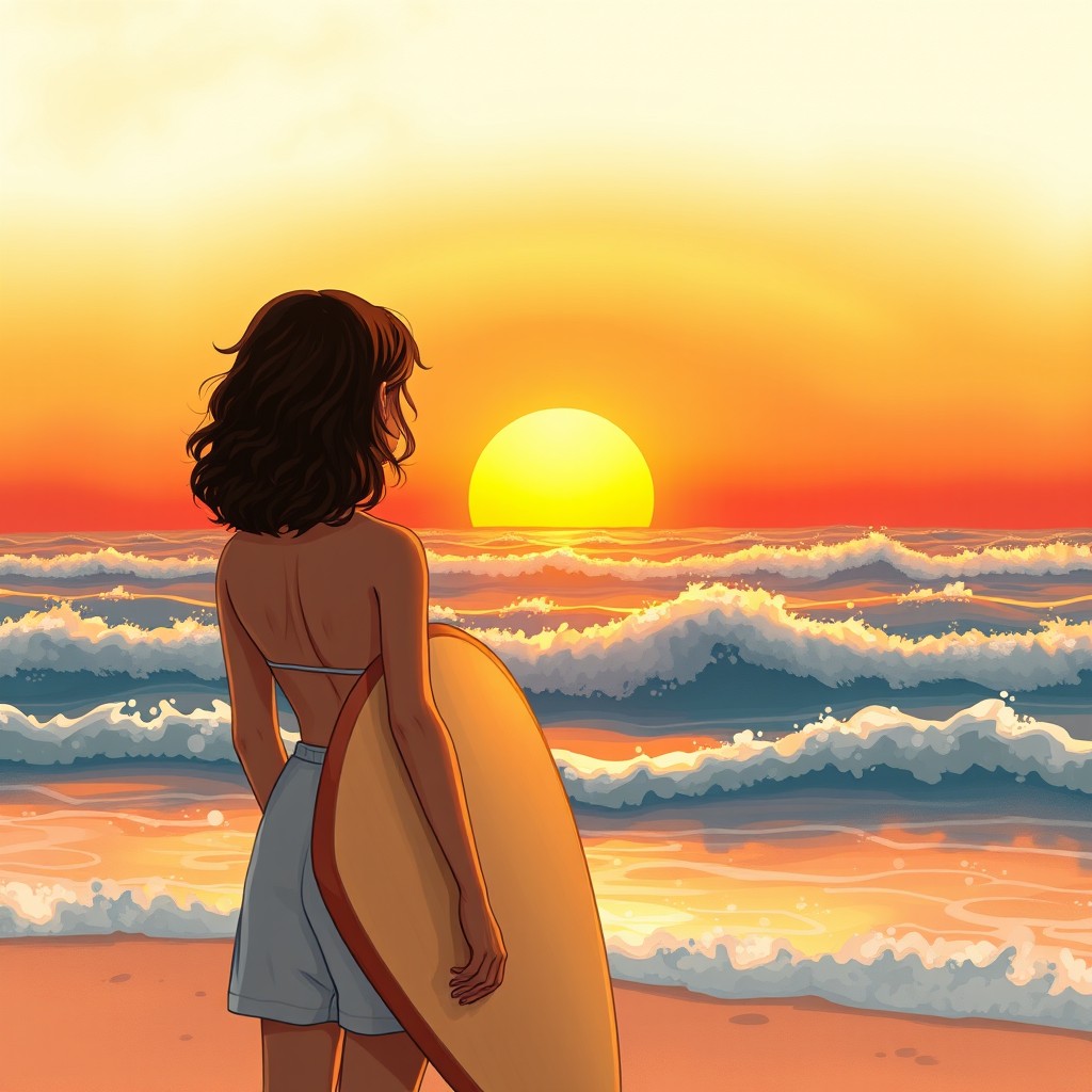 A book cover illustration featuring a girl seen from behind, standing on the beach holding a surfboard next to her body