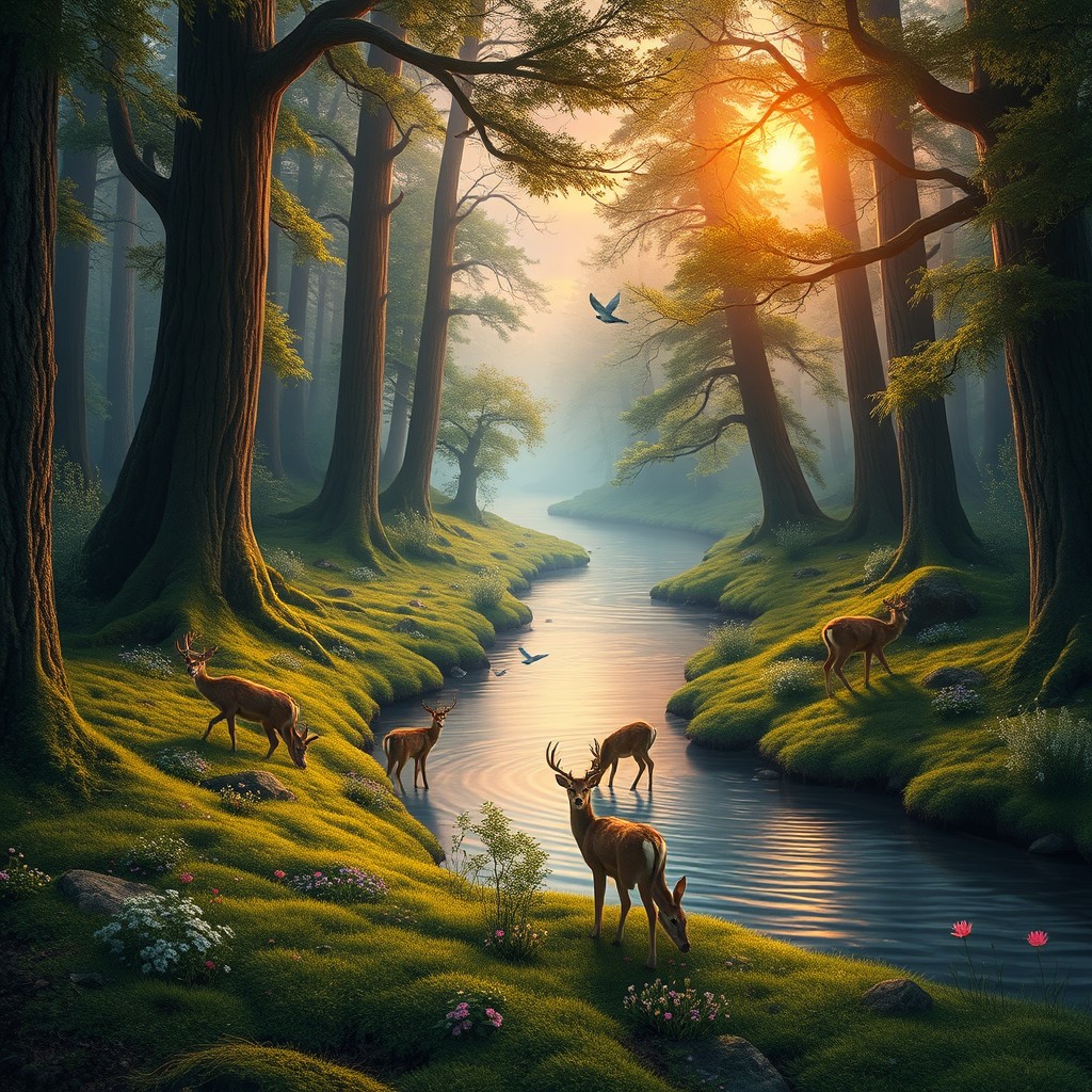 An enchanting forest scene bathed in the soft glow of twilight, featuring towering trees with thick trunks and lush green leaves, a carpet of vivid moss covering the ground, and delicate wildflowers in various colors peeking through