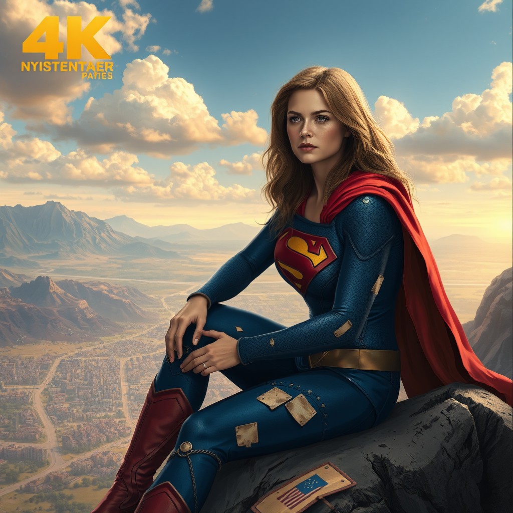 Supergirl, injured from battle, is depicted sitting on a mountaintop