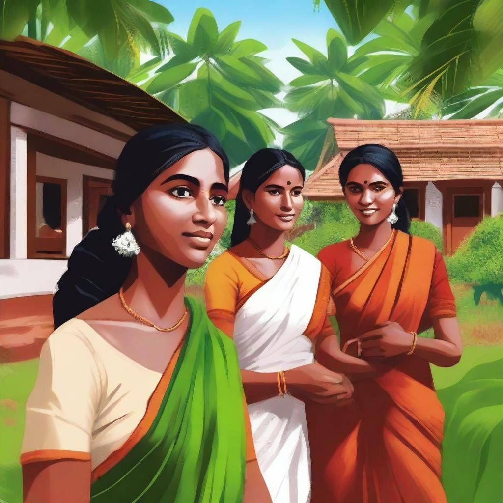 A high-quality, vibrant digital art piece featuring Indian women in a Kerala village