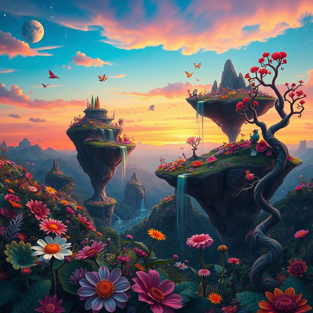 A whimsical, vibrant landscape depicting a surreal world filled with floating islands and colorful flora