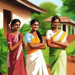 A high-quality, vibrant digital art piece featuring Indian women in a Kerala village