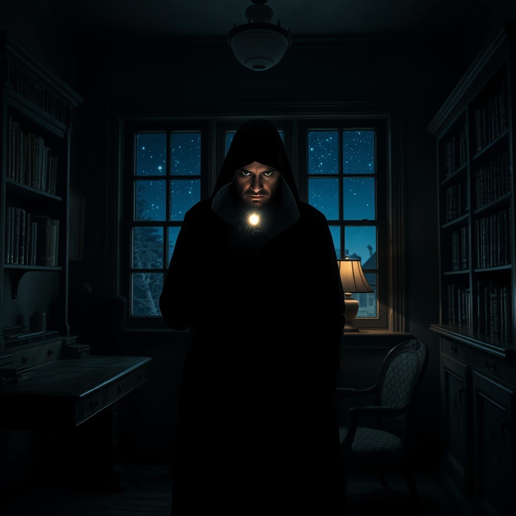 A dark, atmospheric scene inspired by 'The Midnight Visitor', showcasing a mysterious figure cloaked in shadows standing in a dimly lit room