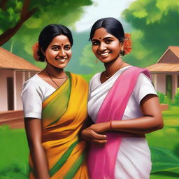 A high-quality, vibrant digital art piece featuring Indian women in a Kerala village