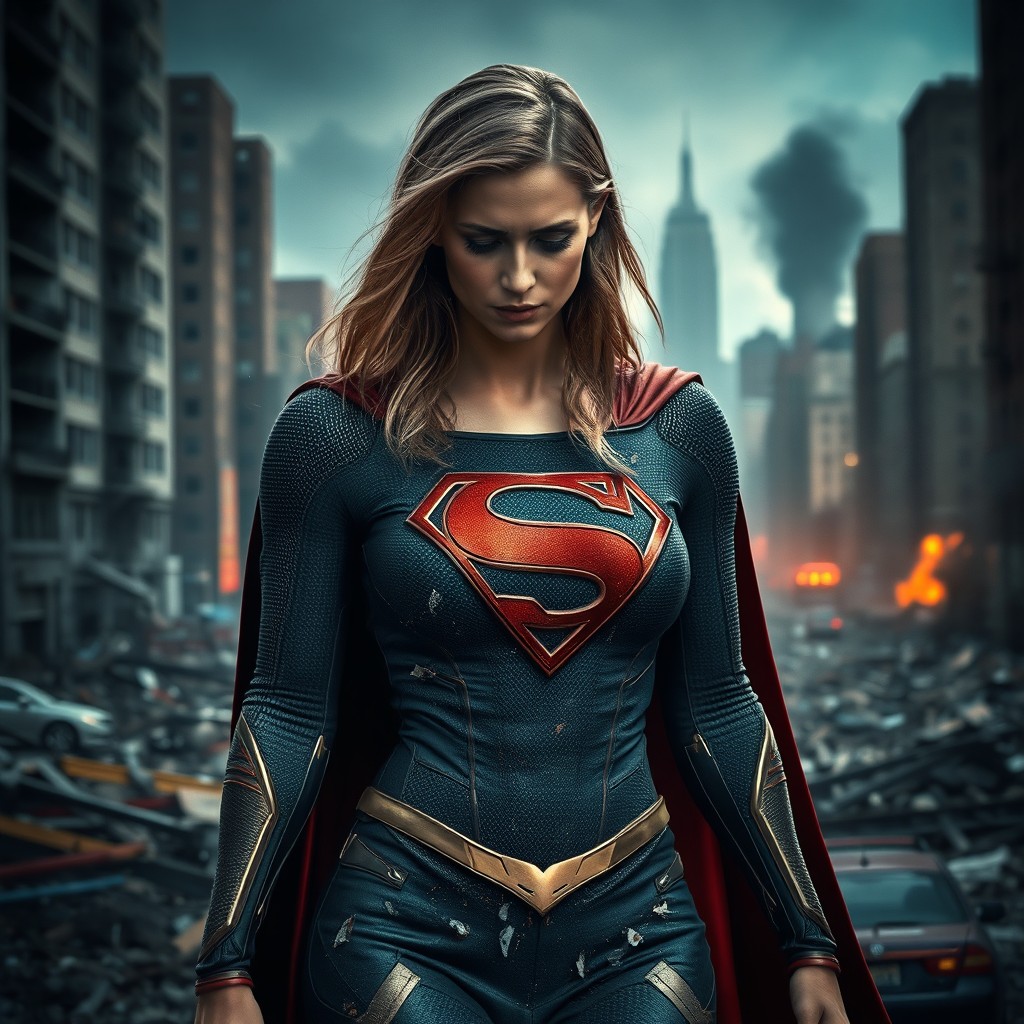 Supergirl, appearing defeated, walks through a ravaged cityscape