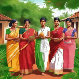 A high-quality, vibrant digital art piece featuring Indian women in a Kerala village