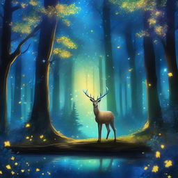 A magical forest with piercing blue and yellow bioluminescent mushrooms scattered around. Faint, ethereal light filters down through the tall, mystic trees, basking a peaceful deer in the middle. A cascade of stars visible in the clear night sky above the forest canopy.