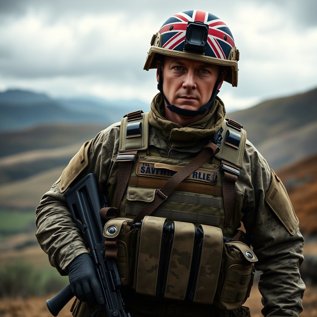 A British army soldier in full combat gear, standing in a dynamic pose with a rifle slung over their shoulder