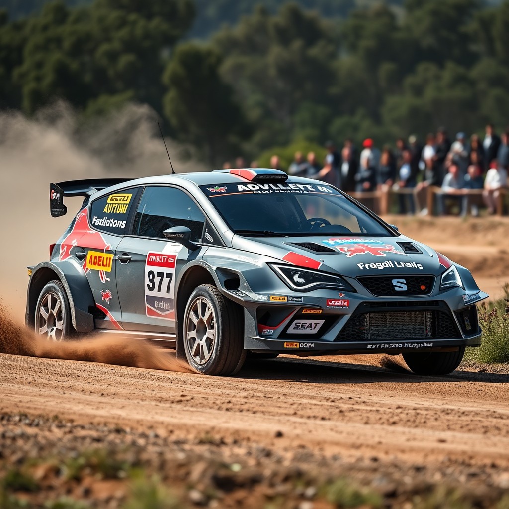 A striking rally-style Seat Córdoba 6L in a sleek gray finish, adorned with vibrant rally decals and sponsor logos