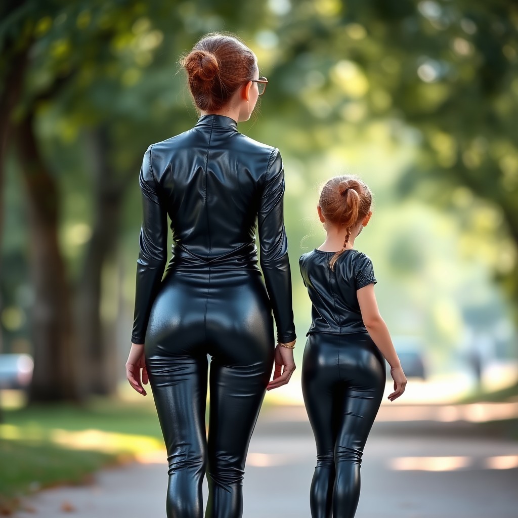 A stunning full body shot from the back of two females, both exactly 120cm tall, standing together in a park setting