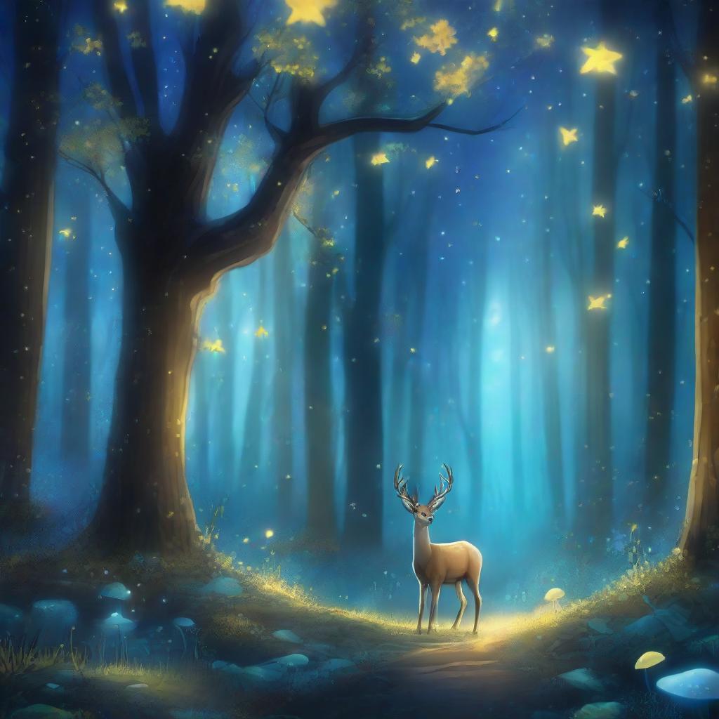 A magical forest with piercing blue and yellow bioluminescent mushrooms scattered around. Faint, ethereal light filters down through the tall, mystic trees, basking a peaceful deer in the middle. A cascade of stars visible in the clear night sky above the forest canopy.