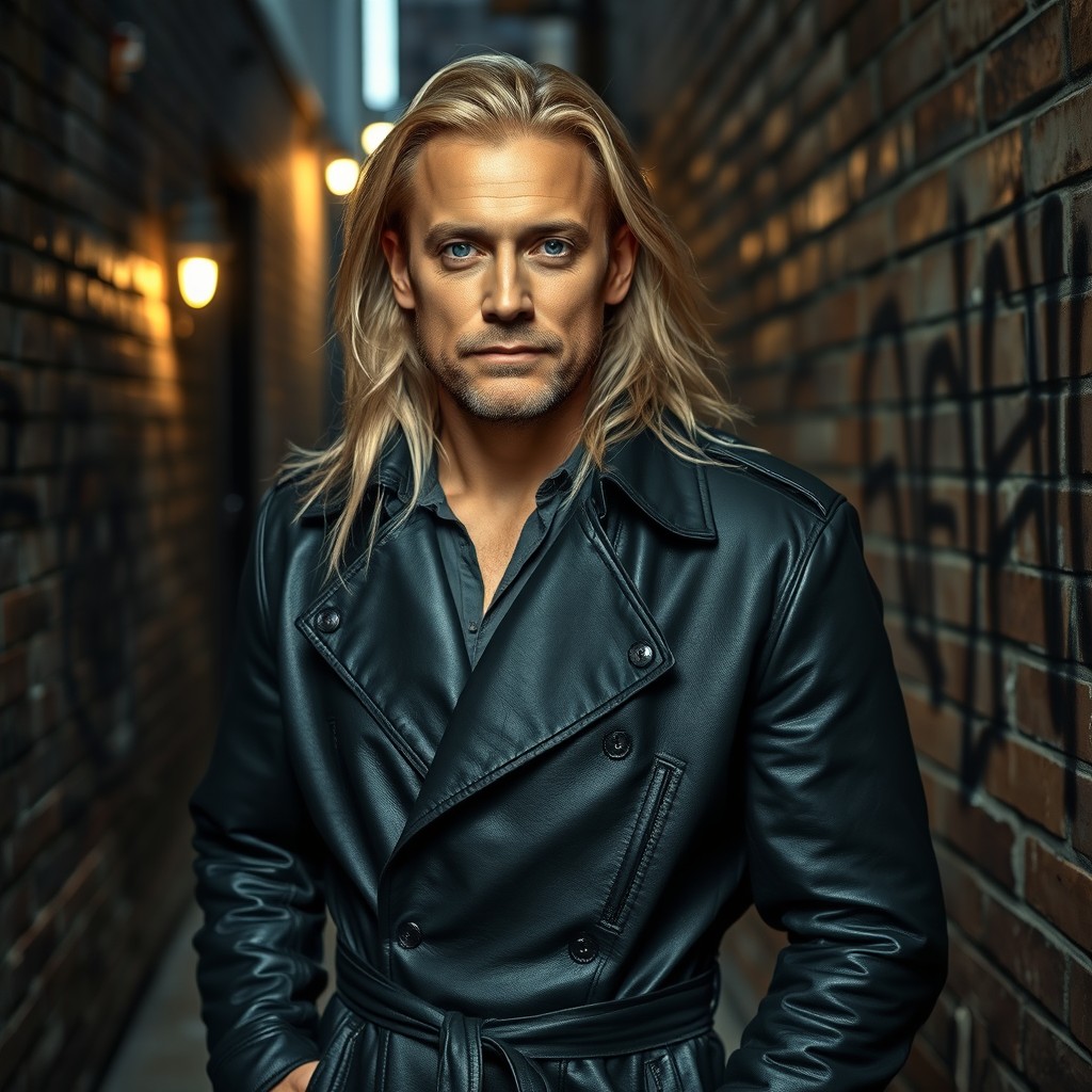 A middle-aged man with long, flowing blonde hair and striking blue eyes, dressed in a stylish black leather trench coat