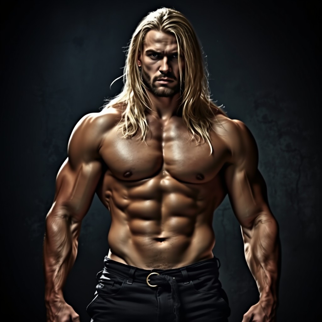 A gritty scene featuring a muscular male with long, flowing blonde hair