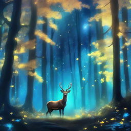 A magical forest with piercing blue and yellow bioluminescent mushrooms scattered around. Faint, ethereal light filters down through the tall, mystic trees, basking a peaceful deer in the middle. A cascade of stars visible in the clear night sky above the forest canopy.