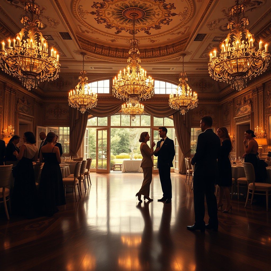 An elegant image focusing on depth, showcasing a luxurious ballroom setting with intricate gilded decorations, soaring ceilings, and lavish chandeliers that hang dramatically