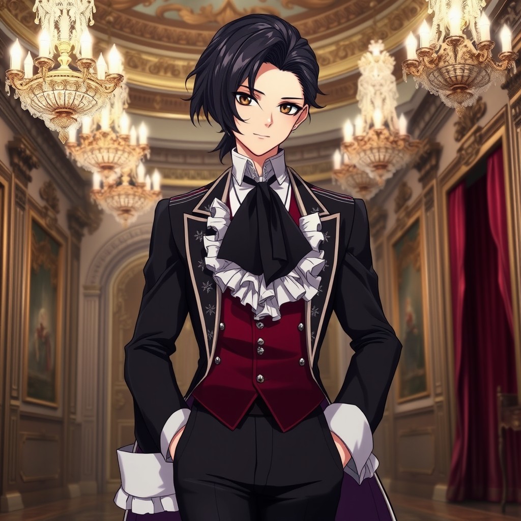 A captivating anime character with sleek, dark hair styled elegantly into a sophisticated updo, adorned with delicate accessories reflective of 18th-century aristocracy