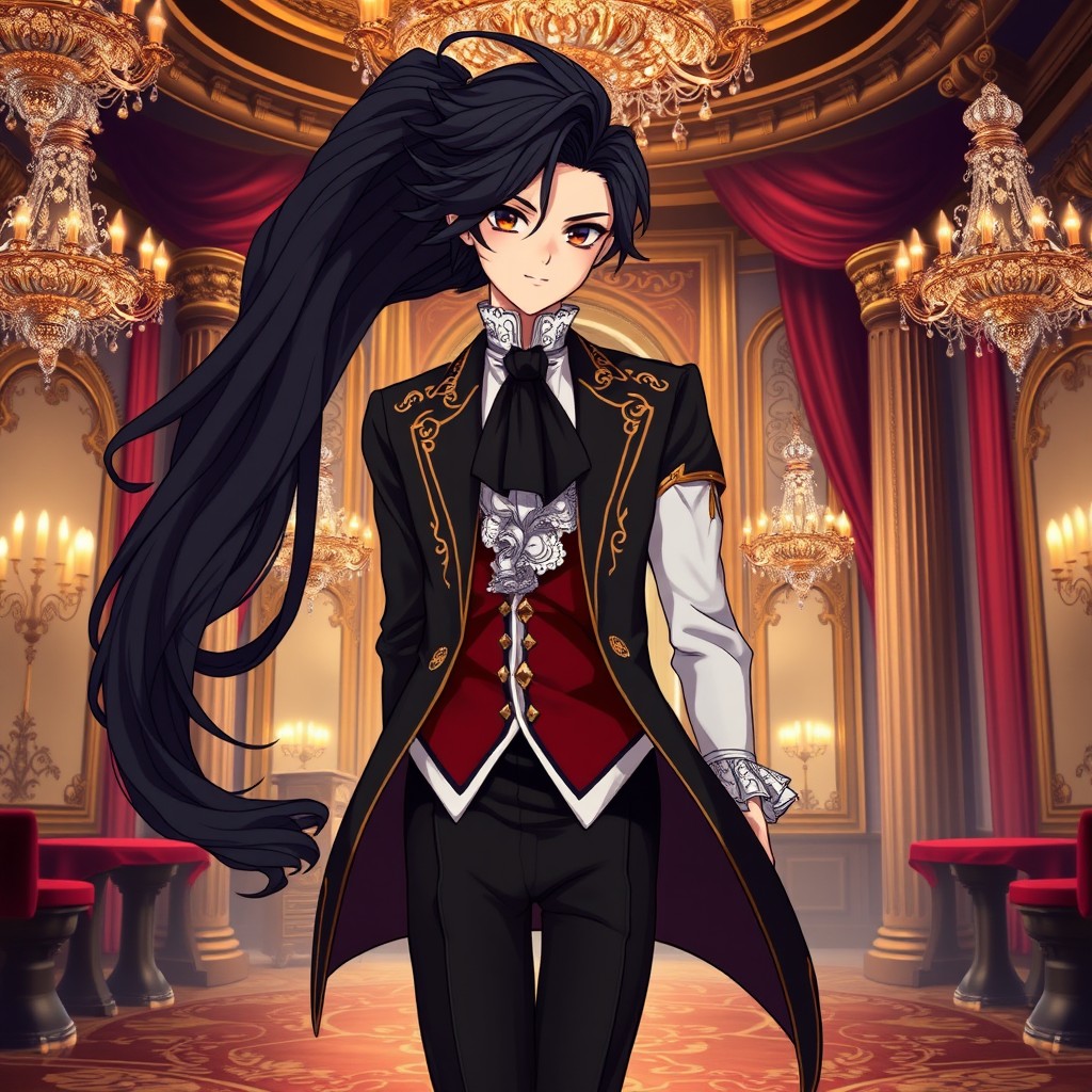 A striking anime character with voluminous dark hair styled elegantly, cascading down their back with gentle waves, embodying the essence of 18th-century aristocracy