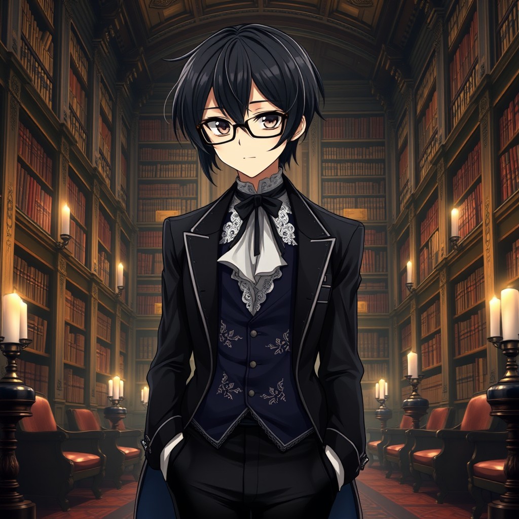 An intriguing anime character with sleek, raven-black hair styled in a sophisticated manner, accented by elegantly placed glasses that give them an air of intellectual charm