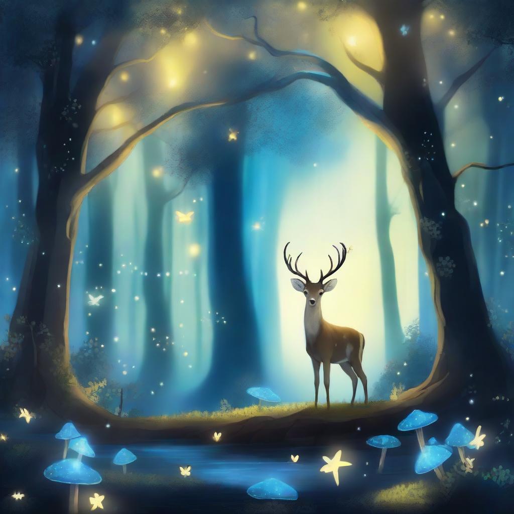 A magical forest with piercing blue and yellow bioluminescent mushrooms scattered around. Faint, ethereal light filters down through the tall, mystic trees, basking a peaceful deer in the middle. A cascade of stars visible in the clear night sky above the forest canopy.