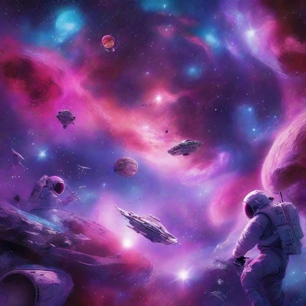 A vibrant galaxy where various space stations float amongst the stars, their occupants glued to their work in spacesuits. The scene is illuminated by an ethereal blend of red, pink, purple, and blue hues.