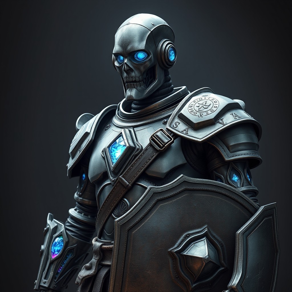 A full body depiction of a warforged artificer character with human-like proportions, featuring a matte metal skin that has a softly pulsating blue crystal embedded in the forehead