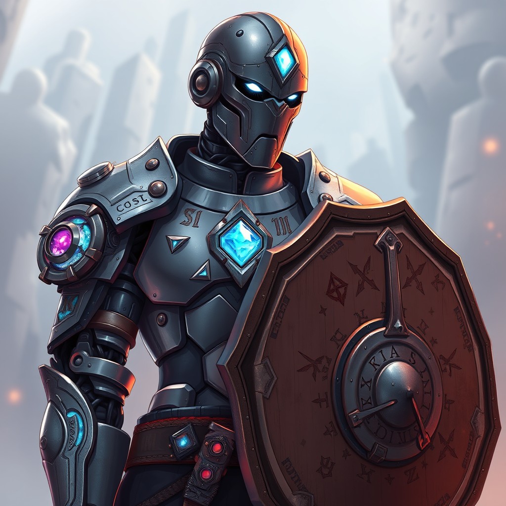 An anime-style full body depiction of a warforged artificer character with human-like proportions, featuring a matte metal skin that has a softly pulsating blue crystal embedded in the forehead, styled with anime aesthetics
