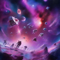 A vibrant galaxy where various space stations float amongst the stars, their occupants glued to their work in spacesuits. The scene is illuminated by an ethereal blend of red, pink, purple, and blue hues.