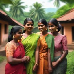 A hyper-realistic digital art piece showcasing Indian women in a Kerala village