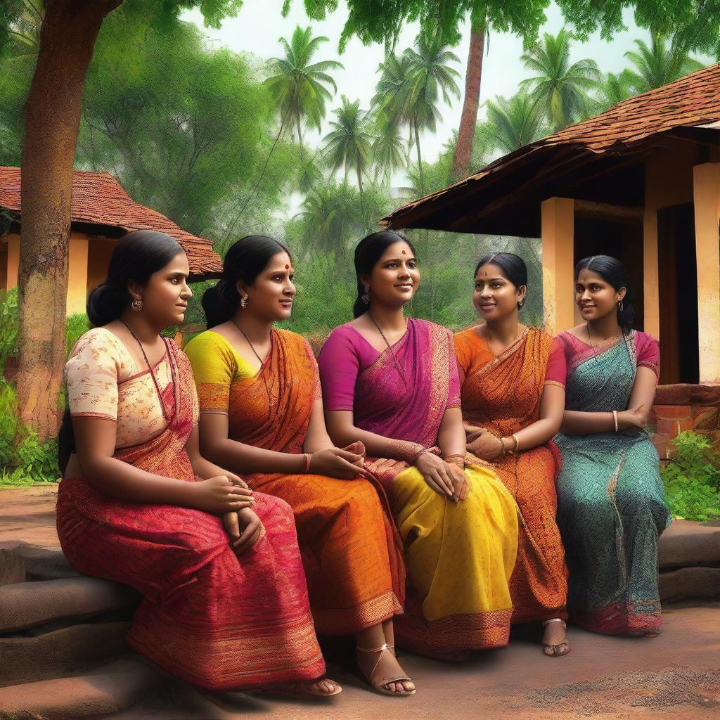 A hyper-realistic digital art piece showcasing Indian women in a Kerala village