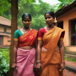 A hyper-realistic digital art piece showcasing Indian women in a Kerala village