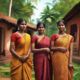 A hyper-realistic digital art piece showcasing Indian women in a Kerala village