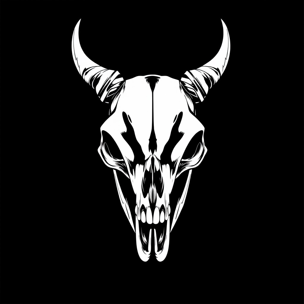A striking art piece featuring a white, grinning skull with prominent horns, set against a deep black background